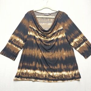 Susan Graver Cowl Neck Top Womens XL Brown Tie Dye Liquid Knit Stretch